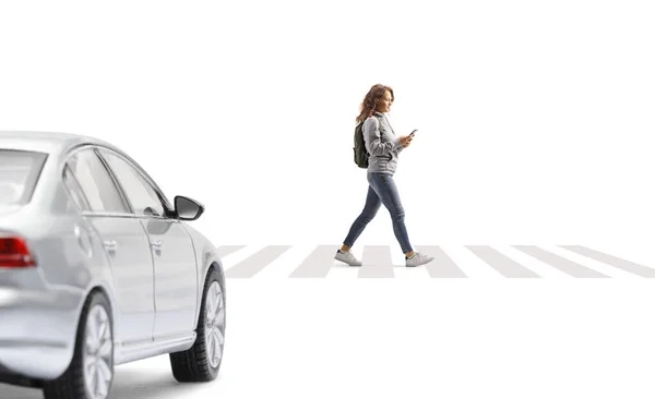 Car Driving Pedestrian Crossing Female Student Smartphone Walking Isolated White — ストック写真