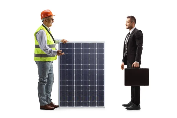 Mature Male Engineer Solar Panel Talking Investor Isolated White Background — Stock Photo, Image