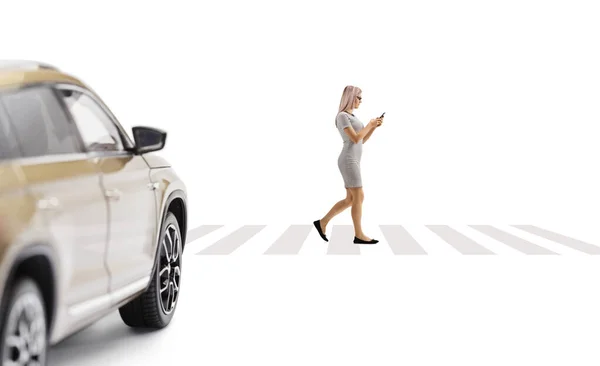 Car Driving Pedestrian Crossing Woman Walking Using Smartphone Isolated White — Photo