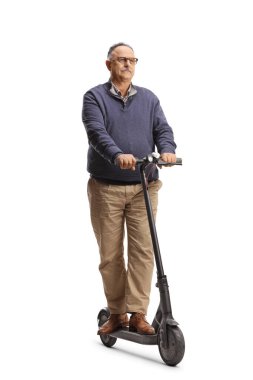Serious mature man riding an electirc scooter isolated on white background