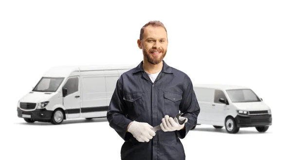 Mechanic Uniform Holding Wrench Standing Front Two Vans Isolated White — 图库照片
