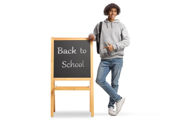 African American Male Student Pointing Blackboard Text Back School Isolated — Photo