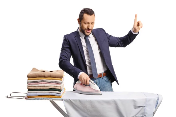 Young Cheerful Man Ironing Dancing Isolated White Background — Stock Photo, Image