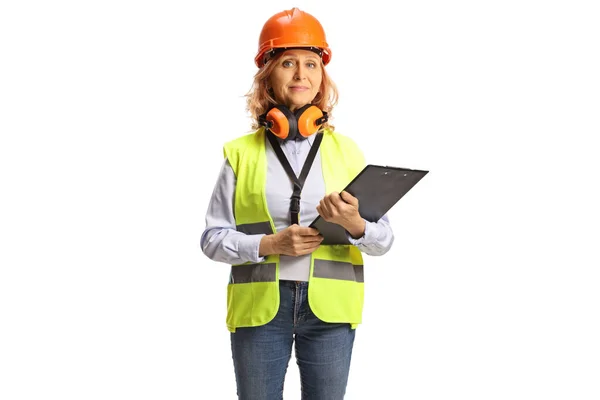 Female Engineer Protective Equipment Isolated White Background —  Fotos de Stock