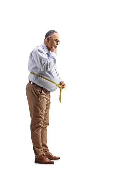 Full Length Shot Pensive Mature Man Measuring Waist Tape Isolated — Photo