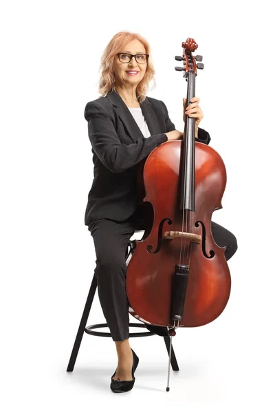 Full Length Portrait Female Artist Sitting Posing Cello Isolated White — Stock Photo, Image