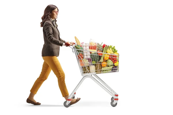 Full Length Profile Shot Young Professional Woman Walking Shopping Cart — Stock Photo, Image