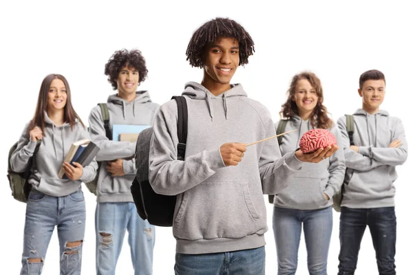 一组学生摆姿势 另一组是一名男性学生 他有人脑 手里拿着一根白色背景的手杖 — 图库照片