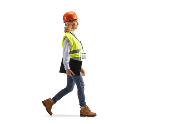 Full Length Portrait Female Engineer Safety Vest Hardhat Walking Isolated — Stockfoto