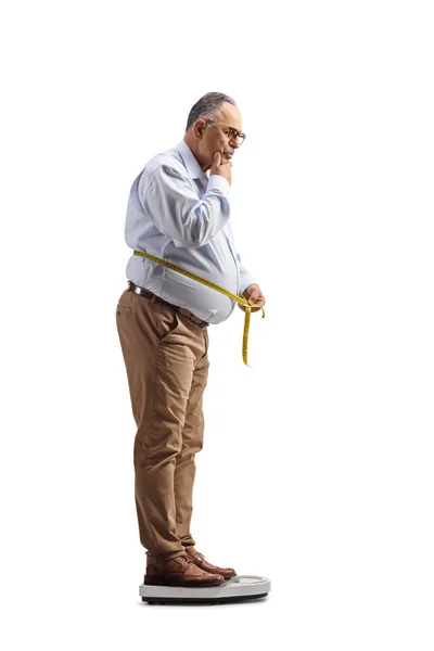 Full Length Shot Pensive Mature Man Scale Measuring Waist Isolated — Stock Photo, Image
