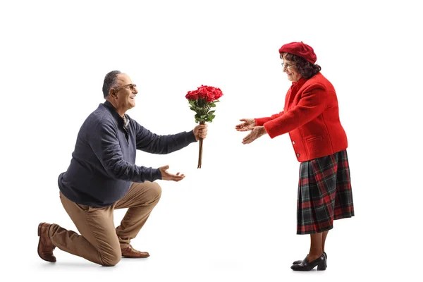 一个成熟的男人跪在地上 把一束红玫瑰送给一个有着白色背景的女人 — 图库照片