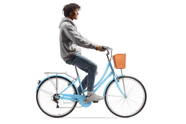 Foto Perfil Completo Joven Afroamericano Casual Montando Una Bicicleta Aislada — Foto de Stock