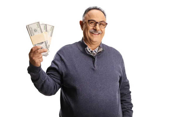 Hombre Maduro Sosteniendo Pilas Dinero Sonriendo Aislado Sobre Fondo Blanco —  Fotos de Stock