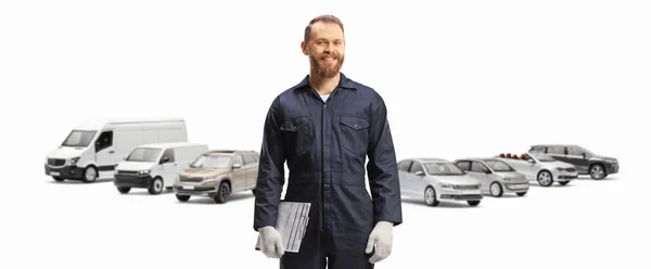 Smiling Mechanic Uniform Holding Standing Front Different Vehicles Isolated White — Stock Photo, Image