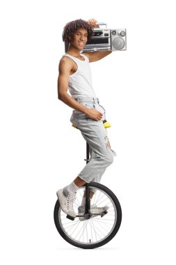 African american guy riding a monocycle and holding a boombox isolated on white background clipart