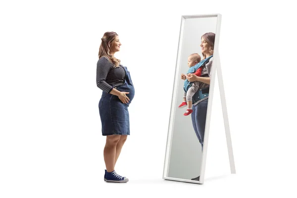 Full Length Profile Shot Mother Holding Baby Isolated White Background — Zdjęcie stockowe