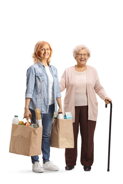 Elderly Mother Daughter Posing Grocery Bags Isolated White Background — Stock Photo, Image
