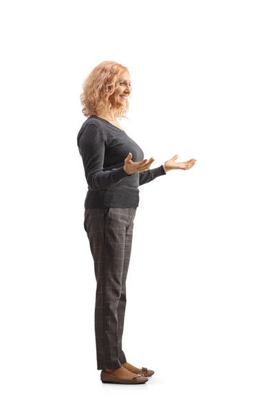 Full Length Shot Mature Woman Standing Gesturing Hands Isolated White — Stock Photo, Image