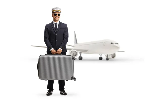 Pilot Carrying Suitcase Standing Front Aircraft Isolated White Background — Stock Photo, Image