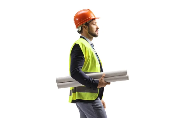 Male Site Engineer Safety Equipment Carrying Blueprints Isolated White Background — Stock Photo, Image