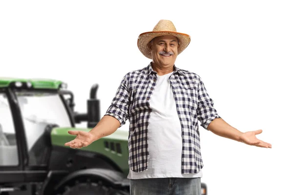 Hasır Şapkalı Gülümseyen Olgun Çiftçi Elleri Beyaz Arka Planda Izole — Stok fotoğraf