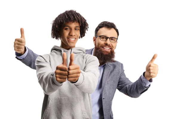 African American Guy Caucasian Bearded Man Gesturing Thumbs Isolated White — Stock Photo, Image