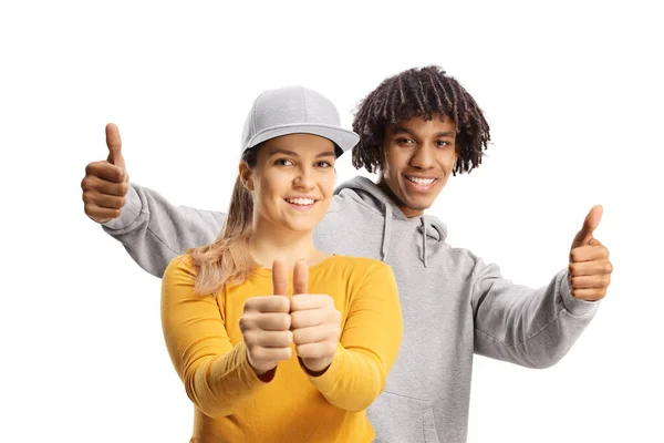 アフリカ系アメリカ人の男と白人女性のジェスチャー親指アップ一緒に白い背景に隔離 — ストック写真