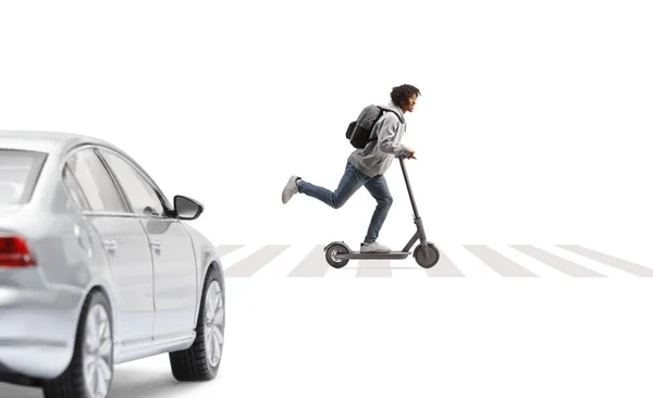 Car Waiting African American Male Student Riding Electirc Scooter Pedestrian — Stock Photo, Image
