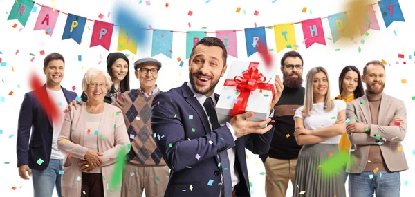 People Birthday Party Host Holding Gift Box Isolated White Background — Stock Photo, Image