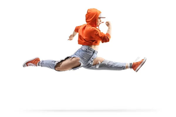 Vrouw Straat Danser Het Uitvoeren Van Een Split Sprong Geïsoleerd — Stockfoto