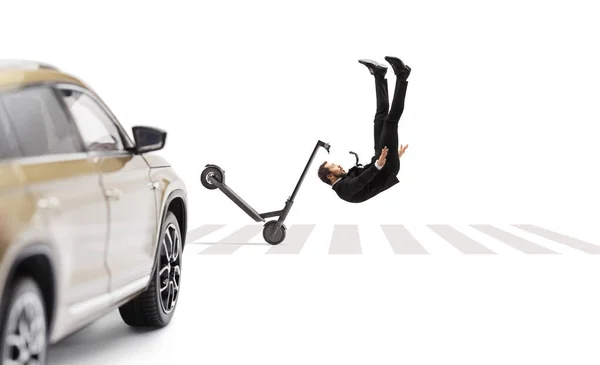 Professional Man Suit Tie Falling Electric Scooter Pedestrian Crossing Front — Stock Photo, Image