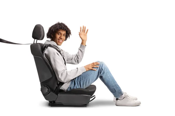 African American Young Man Sitting Car Seat Seatbelt Waving Isolated — Stock Photo, Image