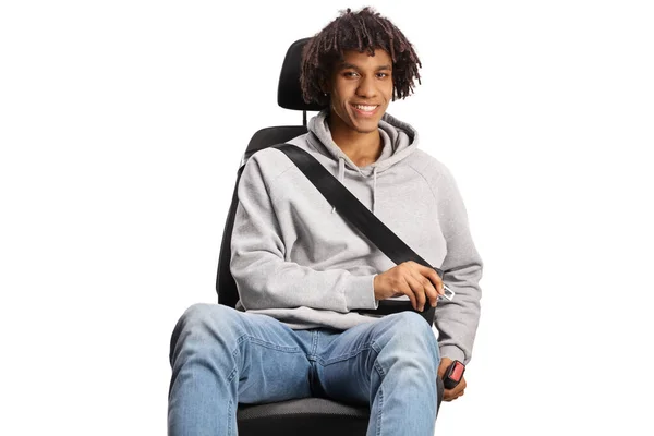 Portrait Jeune Homme Afro Américain Dans Siège Auto Attachant Une — Photo