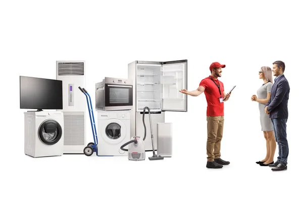 Appliance Sales Associate Showing Electrical Appliances Young Man Woman Isolated — Stock Photo, Image