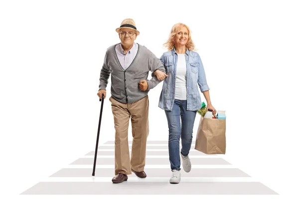 Woman Crossing Street Helping Her Senior Father Grocery Bags Isolated — Stock Photo, Image
