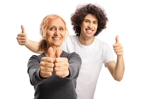 Guy Curly Hair Mature Woman Smiling Gesturing Thumbs Isolated White — Stock Photo, Image