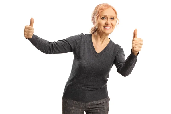 Happy Mature Woman Smiling Gesturing Thumbs Isolated White Background — Stock Photo, Image