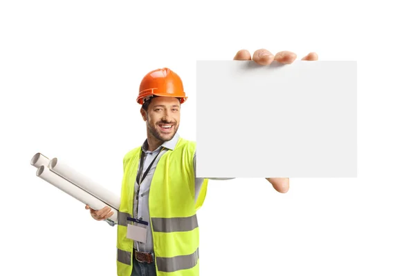 Engineer Holding Blueprints Showing Blank Card Isolated White Background — Stock Photo, Image