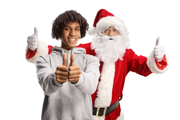Glücklich Afrikanisch Amerikanischer Kerl Und Weihnachtsmann Gestikulieren Daumen Hoch Isoliert — Stockfoto