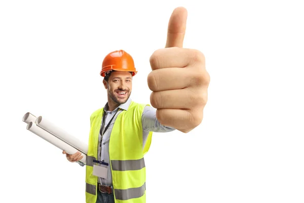 Engineer Holding Blueprints Showing Thumbs Isolated White Background — Stock Photo, Image