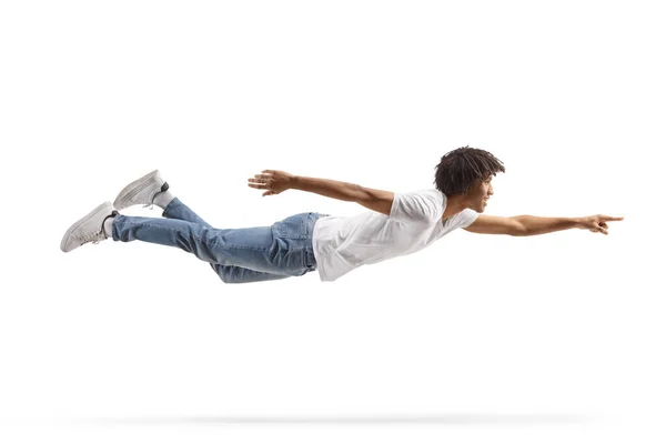 Hombre Afroamericano Volando Señalando Aislado Sobre Fondo Blanco —  Fotos de Stock