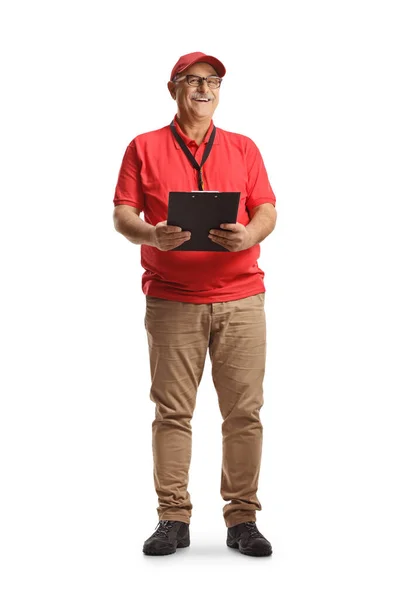 Mature Male Sales Worker Holding Clipboard Isolated White Background — Stock Photo, Image