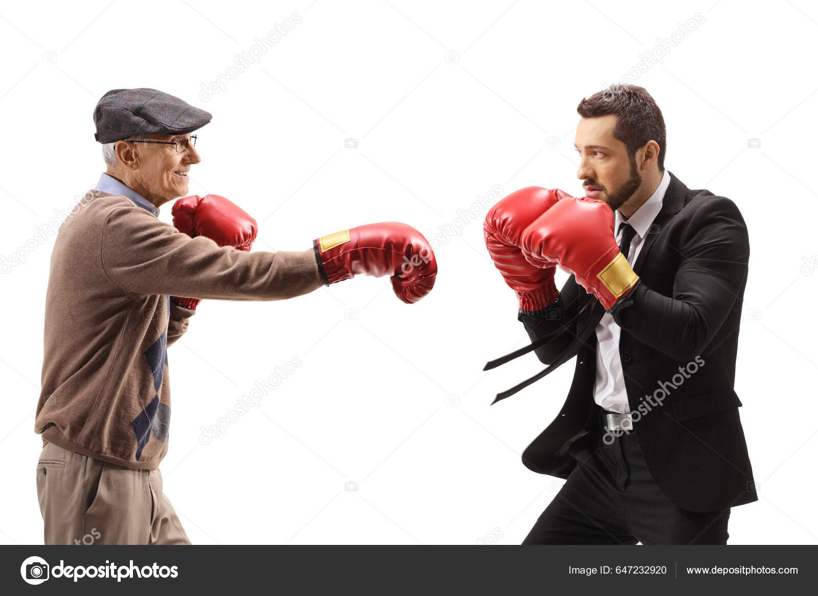 Anciano Luchando Contra Hombre Negocios Con Guantes Boxeo Aislados Sobre:  fotografía de stock © ljsphotography #647232920
