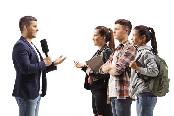 Male Reporter Interviewing Group Students Isolated White Background — Stock Photo, Image