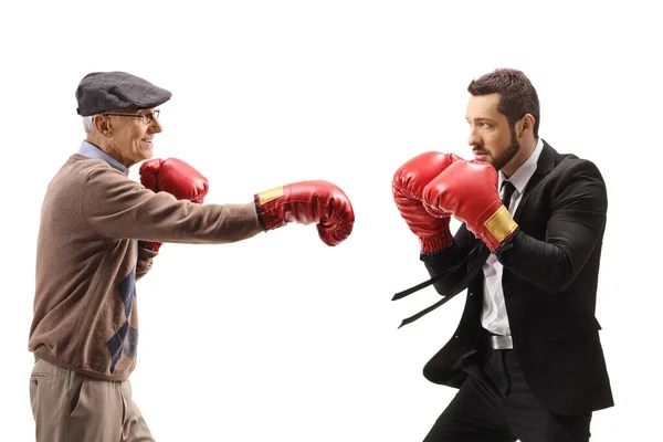 Elderly Man Fighting Businessman Boxing Gloves Isolated White Background — Stock Photo, Image