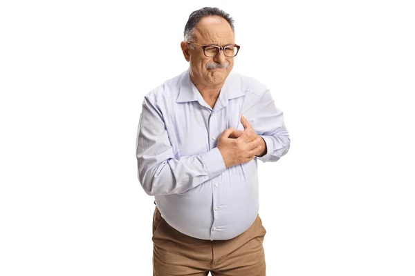 Mature Man Having Heart Attack Isolated White Background — Stock Photo, Image