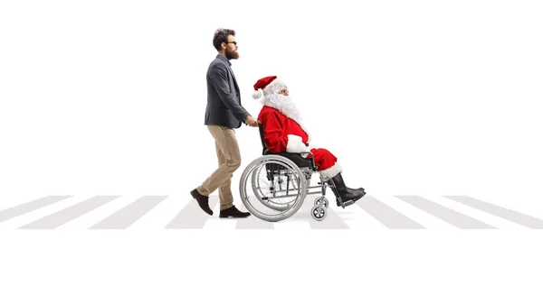 Vue Profil Pleine Longueur Homme Poussant Père Noël Claus Dans — Photo