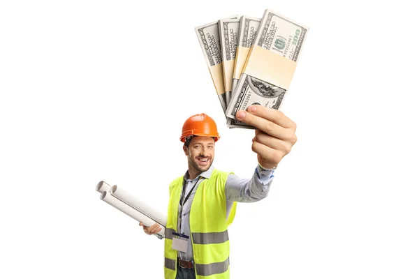 Engineer Holding Blueprints Showing Stacks Money Isolated White Background — Stock Photo, Image