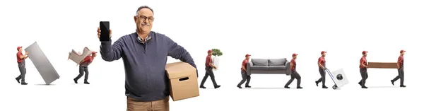 Movers Carrying Household Items Mature Man Holding Box Smartphone Front — Stock Photo, Image