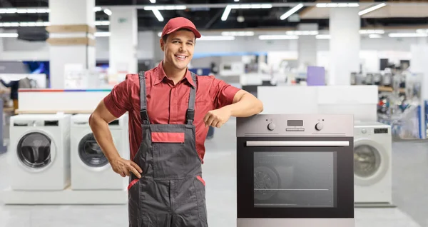 Repair Worker Elctrical Appliance Shop Posing Leaning Oven — Stock Photo, Image